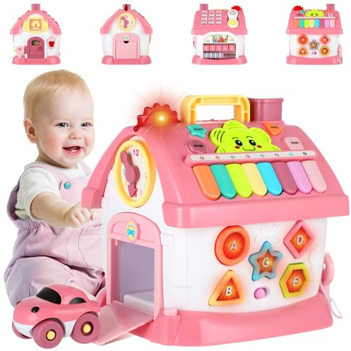 Hot Bee First Birthday Gifts for Girls, 8-in-1 Montessori Toddler Toys Musical House, for 1 Year Old, Baby Girl Toy 12M 18Months, Educational Learning Playhouse w/ Clock & Telephone