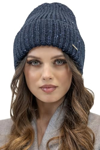 VIVISENCE Damen Winter Mütze Klassischen Beanie Strickmütze Stil Perfekte Passform Strickbündchen Umgeschlagener Saum Warmem Rippengarn Ideal Für Kalte Wintertage Winter, Dunkelblau,Einheitsgröße