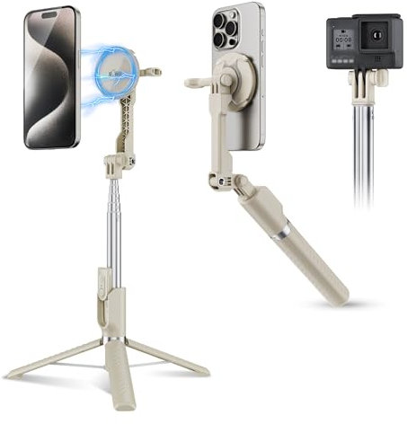 KIWIFOTOS Magnetic Tripod for iPhone MagSafe Selfie Stick for iPhone 16 15 14 Pro Max with Detachable Remote for Travel Selfie Vlogging Video Portable Smartphone Tripod (Beige)