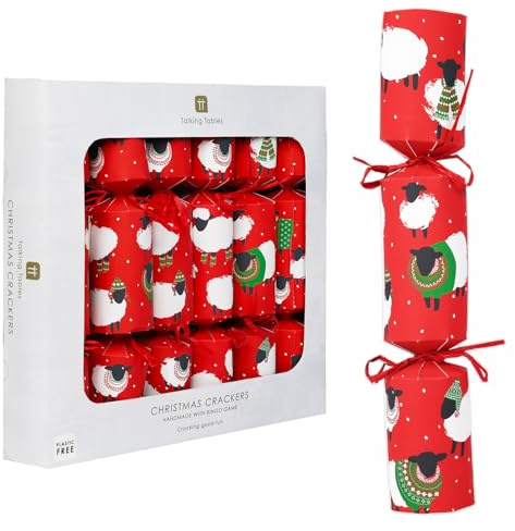 Talking Tables 6 x Christmas Crackers with Bingo Game and Party Hat, Festive Red with Black Sheep Design Eco-Friendly Xmas Tableware, Recyclable