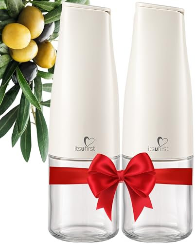 itsufirst® Olive Oil and Vinegar Dispenser Set – 2 x 500ml Glass Pourer Bottles with Auto Flip Non-Drip Non-Spill Drizzlers – Leakproof Oil Dispenser Bottles for Kitchen – Pure (Off-White) Pack of 2