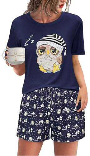 Demegimi Schlafanzug Damen Pyjama Kurz Baumwolle Shorty Zweiteiliger Nachtwäsche Sommer Pyjama Set Rundhals