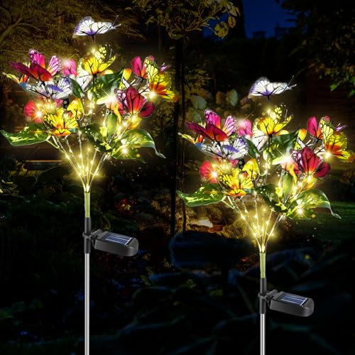 Asfrode 2 lámparas solares para jardín exterior, cadena de luces de mariposa, luces solares de jardín, IP55, resistentes al agua, para jardín, jardín, jardín, jardín, patio, césped, balcón, decoración