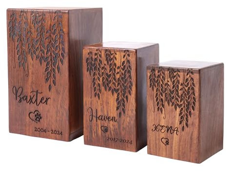 Personalized Cremation Urns for Dog Ashes - Rosewood Engraved Pet Urn - Handcrafted Wooden Urn for Pet Memorial Cat Ashes - Black Leaves Design - Urn with Willows
