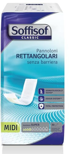 Soffisof Classic Pañales Rectangulares para Adultos sin Barrera - 30x Pañales para Mayores - Absorción hasta 4 Gotas - Protección Incontinencia Hombre y Mujer, Paquete Individual