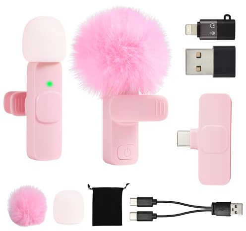 Mini Microfono Inalambrico para iPhone Movil Android Tablet iPad PC, 2 Mic de Solapa USB C/A para Podcast Vlogging Grabación de Video YouTube TikTok Creadores de Contenido Entrevista, Micro Rosa Claro