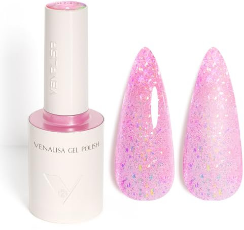 Venalisa Gel Nail Polish Hot Pink Flash Glitter 10ml Stylish Round Bottle with Top Label Showing Color and Number UV Gel Polish for Stunning Nail Art Design 5049
