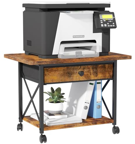 EasyCom Large Printer Stand with Fabric Storage Drawer and Locking Wheels | 2-Tier Shelf Rolling Cart, Under Desk or Desktop Printer Table for Home Office Fits 3D Printer Scanner, 23.6 x 15.7 Brown