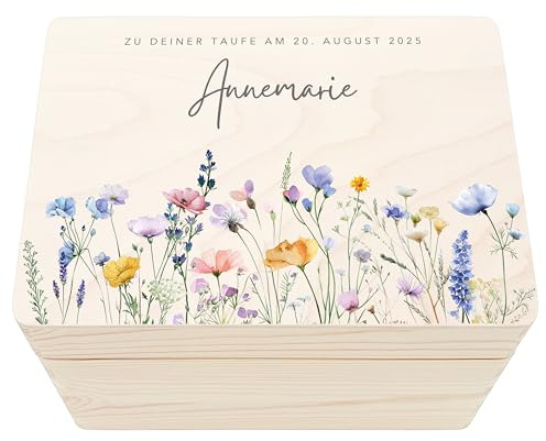 DEL MÀ Unique & Personal Taufe Geschenk Wildblumen Erinnerungsbox personalisiertes Taufgeschenk Mädchen Taufbox Erinnerungskiste Holzkiste mit Deckel Holzbox 30x20x13 cm