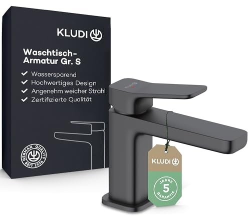 KLUDI-X3 Waschtischarmatur, Auslaufhöhe 85 mm, wassersparender Wasserhahn Bad Schwarz Matt Größe S, Keramikkartusche, Mischbatterie Waschbecken inkl. Anschlussschläuche