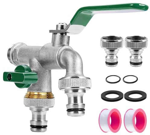Rubinetto da giardino da 1/2 pollici, doppio rubinetto con 2 connettori per tubi e 2 nastri di tenuta per tamburo, rubinetto da giardino, antigelo -20 ℃ per giardino casalingo (verde)