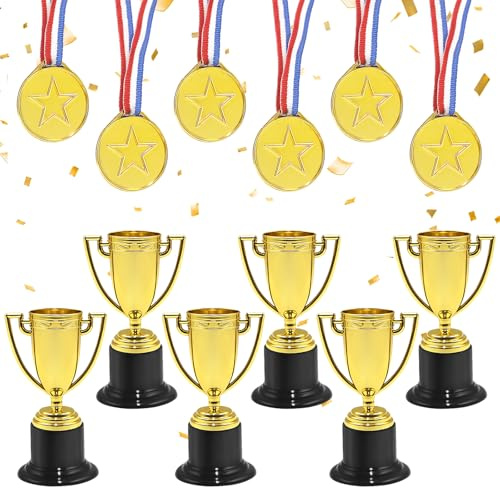 Alovez 12 Stück Medaillen Pokal Kinder,6 Stück Pokale Trophäen 6 Stück Medaillen Kinder,Wanderpokal für Kindergeburtstag Schulspiele, Fussball & Feiern,Medaille mit Gravur für Party Favors Mitgebsel