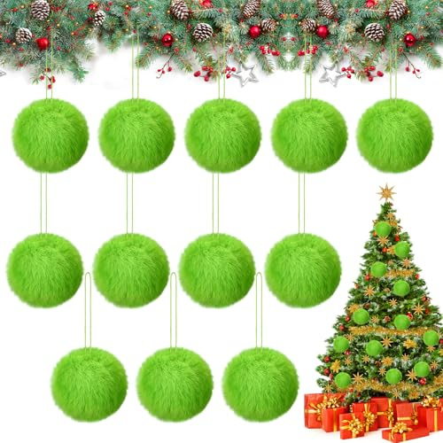 Pompons Weihnachten, 12 PCS Pelzige Weihnachtskugeln, Tree Hanging Decorations, Weihnachts-Pompons, Weihnachtsbaum Anhänger, für DIY Weihnachtsbaum, Kamin- und Wanddekoration (Grün)