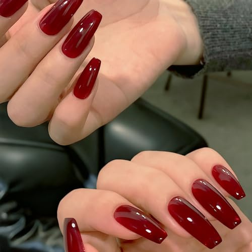 24 Stück Press on Nails kurz, Rotes Ballerina Nägel zum Aufkleben Acryl, Künstliche Fingernägel Zum Aufkleben, Falsche Nägel Mit Voller Deckkraft, Fake Nail für Frauen Maniküre DIY (Red Ballerina)