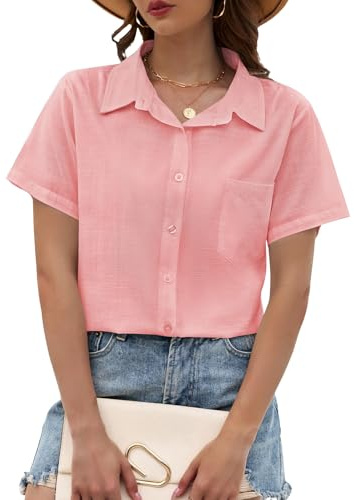 PASUDA Camicia Donna Estiva Blusa Elegante Manica Corta Cotone Lino Camicetta da Donna Maglia Estive Maglietta Casual Scollo a V con Bottoni T Shirt Tinta Unita Classico Tops