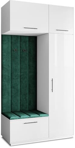 Masseno Flugarderoben Set Rema, Kleiderschrank-Set mit Sitzbank, Garderobenschrank Flur mit 5 Regalböden, Weiß