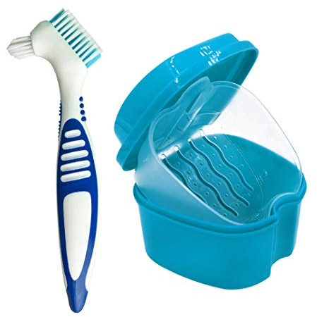 ZJW Box für Zahnprothese Gebissdose mit Sieb Aufbewahrungsbox Prothesenreinigungsbürste für Prothesen (blau)