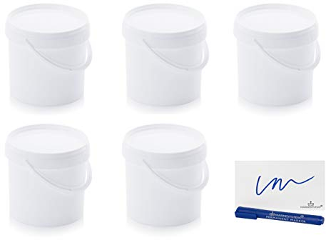 MARKESYSTEM Cubo HERMÉTICO Catering Pack de 5 X 3,8 litros - Cubos de Plástico con Tapa - Contenedores Apilables - Envasar Alimentos, Líquidos y Pinturas - Polipropileno Blanco + Kit Etiquetado