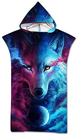 Treer Badeponcho Strand Poncho Strandtücher Handtuch, Schnelltrockend 3D Wolf Tierdruck Bade Bademantel Badetuch Duschtücher mit Kapuze Für Umziehhilfe beim Wassersport (75X110cm,Lila Planet)