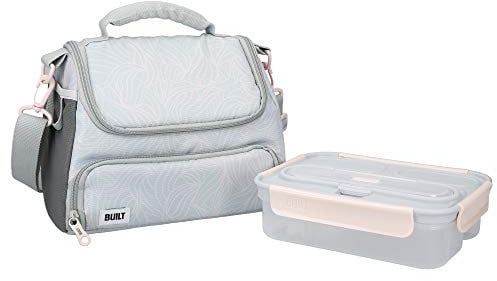 Built Bento Leakproof Lunch Box with Stainless Steel Cutlery, Plastic, Grey/Pale Pink + Insulated Lunch Bag with The Stylist Design, Polyester/PEVA, Grey/White