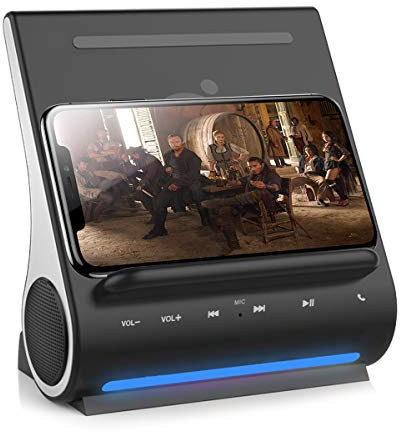 DockAll D108 Wireless Charging Dock Bluetooth Lautsprecher von Azpen Qi-zertifiziertes kabelloses Ladegerät für iPhone 15/14/13/12/11/X/8 und Samsung Galaxy S23/S22/S21/S20/S21/S21/S10/S9 - Schwarz