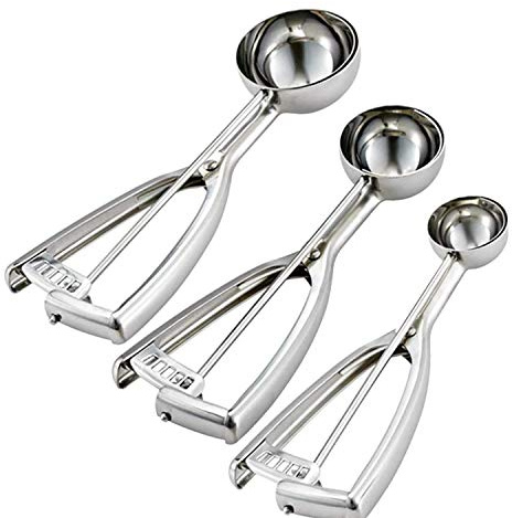 Cuchara de helado Juego de 3 Acero Inoxidable Cuchara de Helado incluye 3 tamaños:pequeño (4 cm), mediano (5 cm), grande (6cm), mejor para helado y fruta