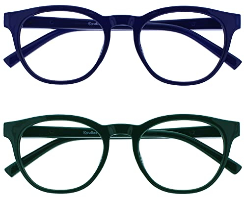 OPULIZE BLU Blaulichtfilter Lesebrille für Damen Herren, Blendfreie UV400-Schutz Federscharnier Anti-Müdigkeit, Runder Rahmen, Computerbrillen Gaming, 2er-Pack Blau Grün +3,50
