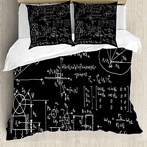ABAKUHAUS Physik Bettbezug Set für Einzelbetten, Mechanische Formel skizziertes, Milbensicher Allergiker geeignet mit Kissenbezug, 200 cm x 200 cm - 80 x 80 cm, Charcoal Grau Weiß