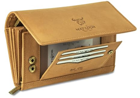 MATADOR XXL Portefeuille Femme Long Grand Format en Cuir Véritable | avec Blocage RFID certifié TÜV et Boîte Cadeau | Porte-Monnaie Grande Capacité | Porte-chequiérs Grande Taille Marron Clair