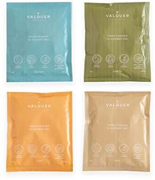 Valquer Shake - Packung mit 4 widerstandsfähigen, n Duschgelen zum Nachfüllen - 1 Flasche = unendlich viel Gel - 25g = 400ml - jeweils 1 Beutel à 25g