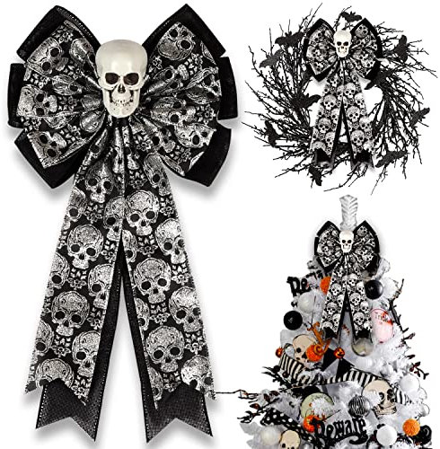 Skull Gothic Decor, Halloween Bow for Wreaths and Tree Topper, Decorative Glitter Silver Black Burlap for Fall Home Front Door Outdoor
