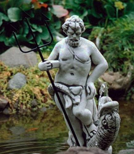 Casa Padrino Jugendstil Wasserspeier Skulptur Neptun mit Fisch Grau/Schwarz 23 x 23 x H. 70 cm - Elegante Wasserspeier Stein Figur - Barock & Jugendstil Garten Deko Accessoires