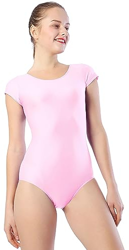Aoylisey Damen Kurzarm Ballett Tanz Trikot Einteiler Gymnastik Bodysuit, Pink, 3XL