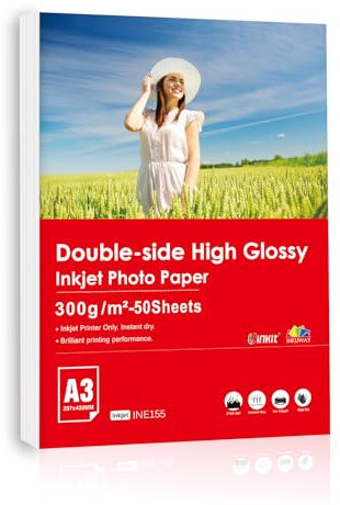 Inkuway doppelseitiges dickes glänzend Fotopapier 300g A3 50 Blatt Papier Liefert echte 5760DPI Fotodrucke