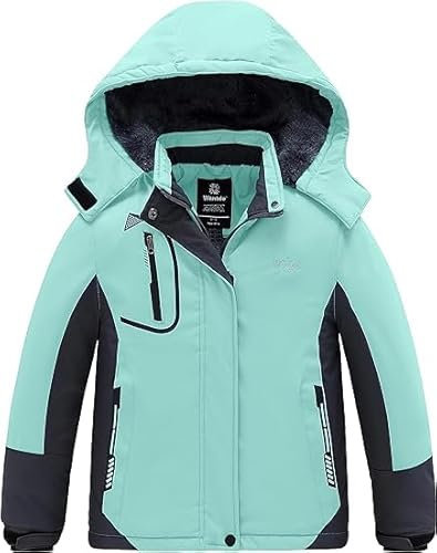 Wantdo Mädchen Berg Ski Jacke Warmer Winter Fleece Mäntel Wasserdichter Atmungsaktive RegenMäntel Outdoor Kapuzen Jacken Mintgrün 152-158