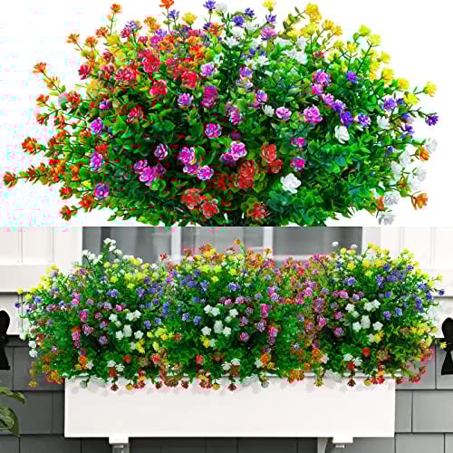 Jusvenmt 12 Bundles Artificial Flowers Outdoor Fake Flowers UV Resistant, Plastic Greenery Shrubs Plants Faux Flower for Outside Indoor Garden Hanging Baskets Window Box Decoration (Multicolor)
