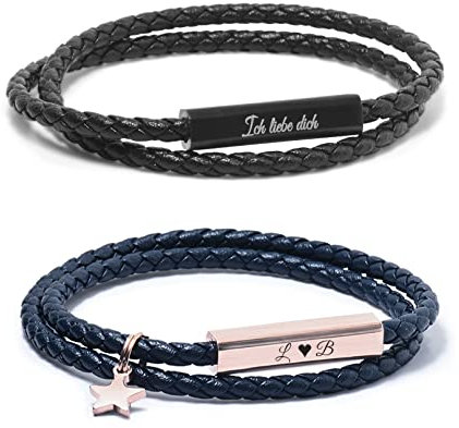 TMT Personalisierte Partner Armbänder mit Gravur | Roségold Silber Schwarz Blau | Lederarmband Herren Damen | Pärchen Armband mit Namen | Partner Geschenke Valentinstag Geschenk für sie