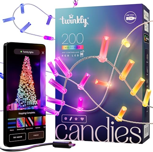 Twinkly Strings USB-C Candle 200 LED, LED-Lichterkette in Kerzenform, RGB LED-Lichter Mehrfarbig, Lichter zum Valentinstag, Kompatibel mit Alexa und Google Home, USB-C, Transparentes Kabel, 12m