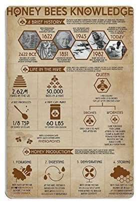 Honey Bees Knowledge Poster, Metallblechschild, Kunst-Wandschild, Dekoration, Vintage-Retro-Schild, Eisenmalerei, Aluminiumschild für Heimdekoration, Bar, Shop, Männer, Höhle, Außenbereich, Garage,
