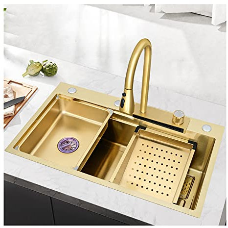 Fregaderos Blanco Modernos para Cocina 1 Seno Kitchen Sink Fregadero de Cascada Volante Doméstico, con arandela de copa de vidrio, combinación de grifo extraíble, para restaurante, cocina, hotel, bar