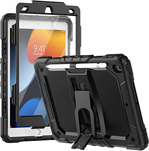SEYMCY Case for iPad 9th/8th/7th Generation 10.2 Inch 2021/2020/2019, 3 Layer Full Body Drop Shockproof with Folding Stand, Screen Protector, Pencil Holder for iPad 9/8/7 gen, Black