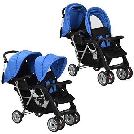 Geschwisterwagen, BULANED ZwillingsBabywagen, Geschwisterbuggy, Double Stroller, DoppelBabywagen, Stahl Blau und Schwarz