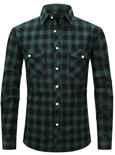 Chemise en flanelle à carreaux pour homme - Manches longues - En flanelle - Décontractée - Boutonnée - Chemise de loisirs - Chemise à manches longues avec deux poches, vert/noir, M
