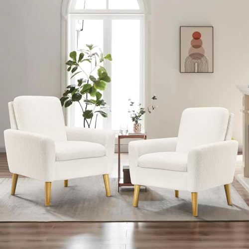 LADOKEE Sessel Wohnzimmer, Ohrensessel mit Armlehnen, Polstersessel modern Relaxsessel, Weißer Teddy Stoff, Cocktailsessel für Schlafzimmer Wohnzimmer Balkon Büro