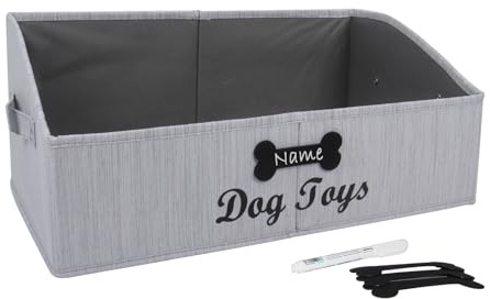 Brabtod Large Dog Toy Bin Collapsible Dog Toy Box Fabric Trapezoid Dog Toy Basket Storage for organizing pet Toys/Blankets/leashes/Rope Toys/Clothing-Can be Personalized-Slub Gray