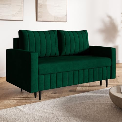 MOTIVENA Leo 2 Sitzer Sofa mit Schlaffunktion, Schlafsofa 160 cm Breit, Sofa 2 Sitzer, 2er Sofa, Sofa Klein, Keine Couch, Schlafsofa 2 Sitzer, Taschenfederkern (H3), Samt Sofa Grün