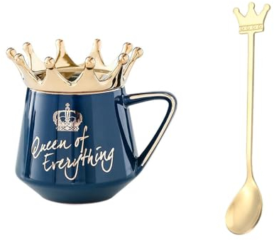Xfeyaqlo Taza Corona 300ml con Tapa y Cuchara Tazas Originales para Regalar, Corona Reina Taza Te Tazas de Cafe Taza Bonita Cerámica, Preciosas Tazas Ideales para Regalar (Azul Oscuro)