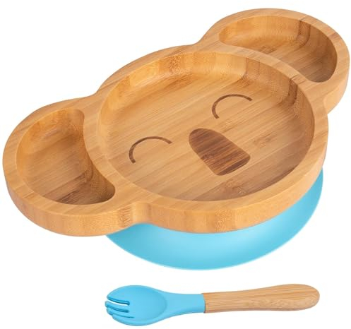 Tiny Dining 2pc Blau Bambus-Koala-Baby-Entwöhnungsteller & Gabelsatz - Hölzern Geteilt Kleinkind Kinder Essen Fütterung Tablett - Silikon Saugnapf