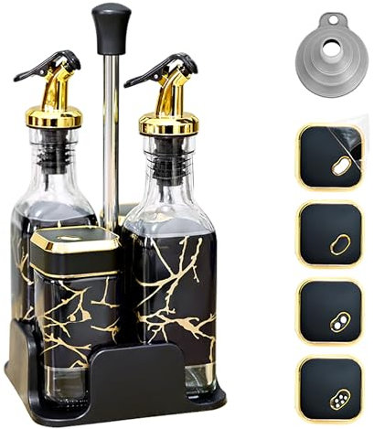 SAEIV Sal y Pimienta Set (5 Piezas), Diseño de tapa Giratoria, Múltiples Métodos de Vertido, Aceitera Cristal, Set Aceite Vinagre y Sal