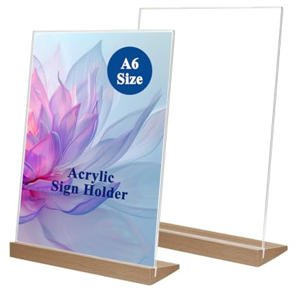 2 Stück Acryl Aufsteller A6, L Form Acrylic Stand mit Holz Sockelboden | Preisschilder Aufsteller, A6 Werbeaufsteller Acryl Schilderhalter für Hochzeit Restaurant Büro Cafe Acrylic Stand Table